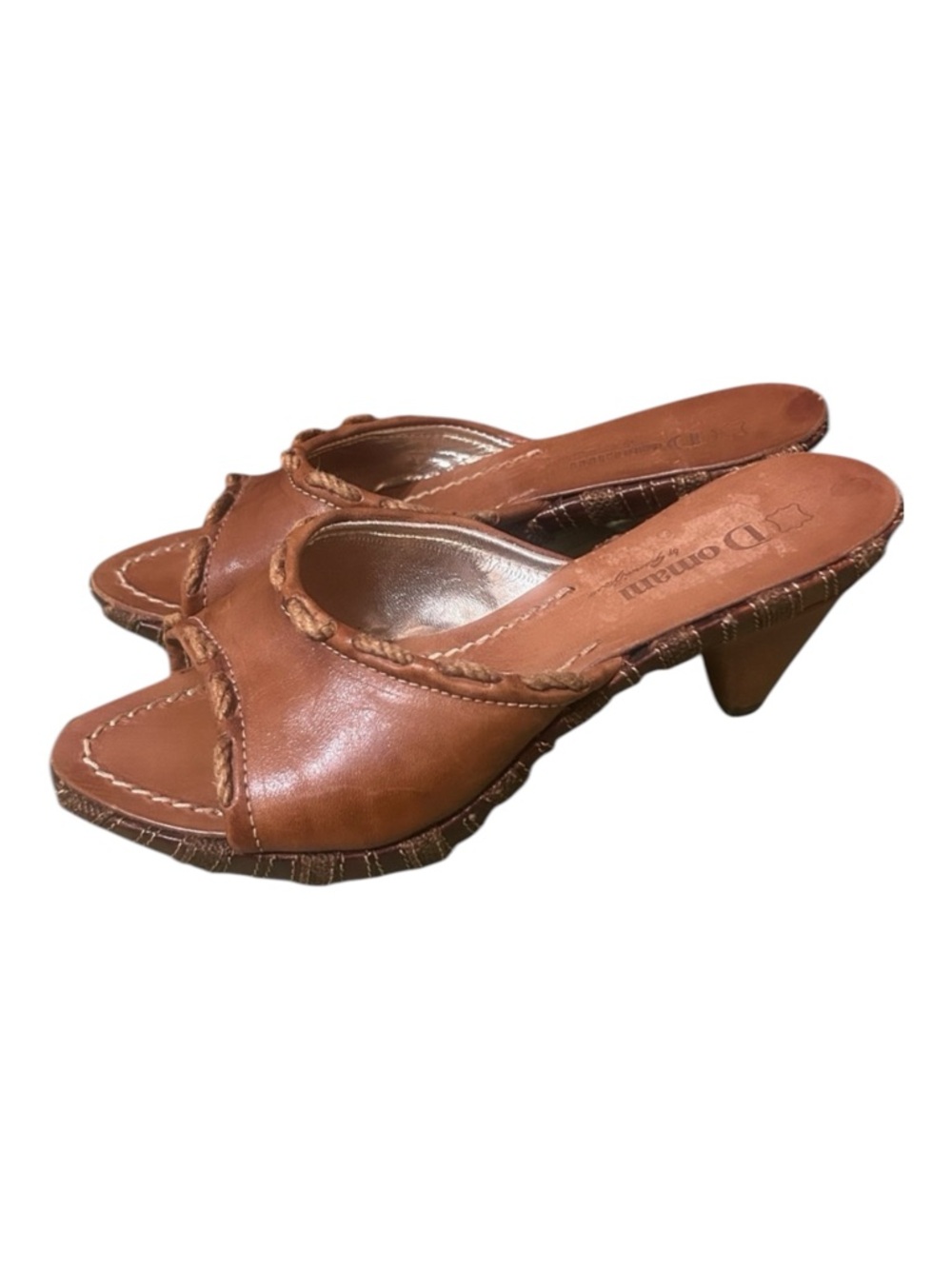 DOMANI Vintage Leather Open Toe Mule Chunky Heel,Prominent Canvas Rope Stitching